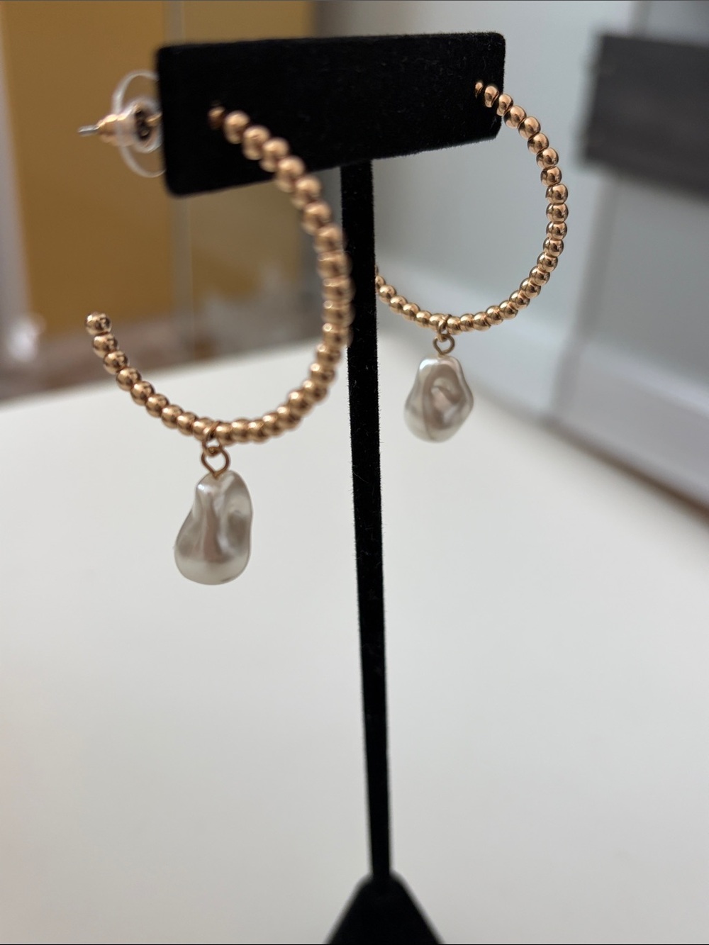 Gold Beaded Hoop Earrings with Cream Baroque Pearl Drops